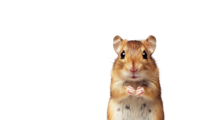 Cute small rodent standing on its hind legs with paws together in a white background setting during daylight hours