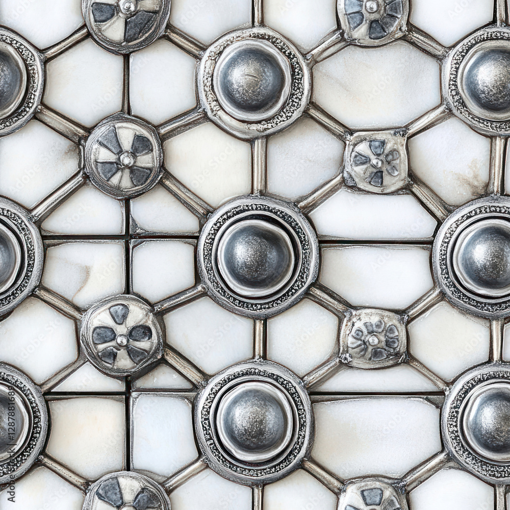 Poster silver crosses and circles connected with metal framework on light marble background, closeup patter