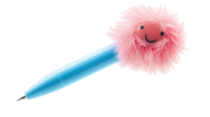 Colorful and playful fluffy pen with a smiling face sits on a white background creating a cheerful atmosphere for writing