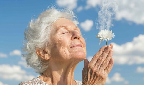 A woman in a white shirt is holding a flower and smiling
