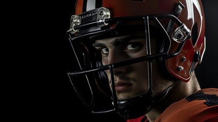 Obraz premium An American football player in a helmet, captured in a head - and - shoulders portrait with dramatic side lighting against a black background