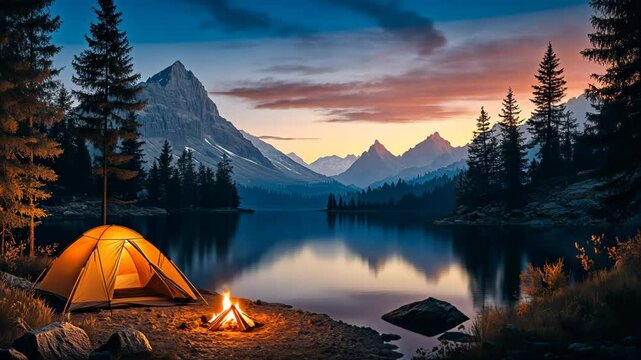 Warm light emanating from a tent illuminates the tranquil lakeshore as the sun sets behind a majestic mountain range, casting a golden glow over the serene landscape