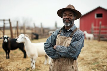 A farmer stands in front of goat modern farm