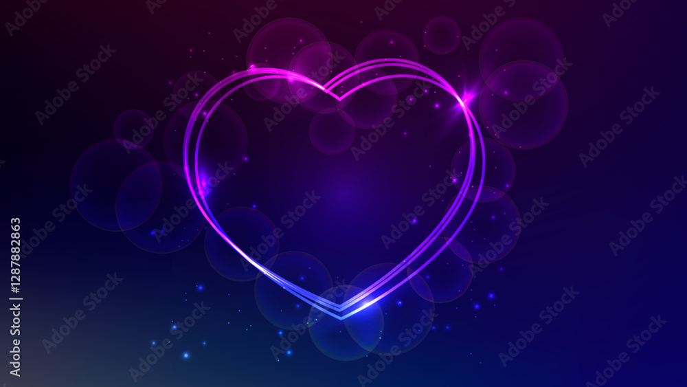 Poster neon frame in heart form with shining effects and sparkles
