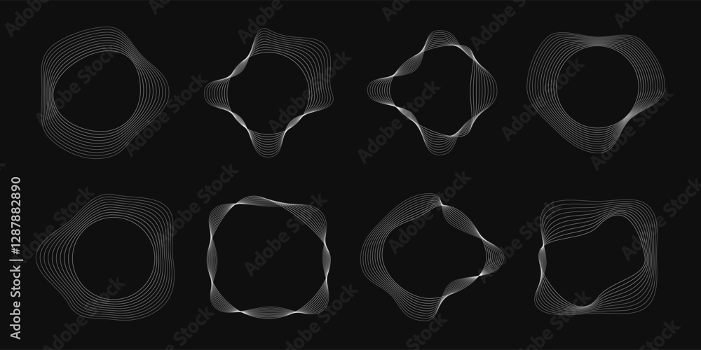 Poster set of round curved frames with dynamic wavy stripes