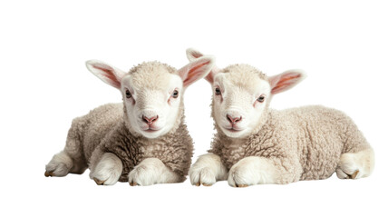 Fototapeta premium Two adorable lambs resting side by side on a white background in a cozy indoor space during the afternoon