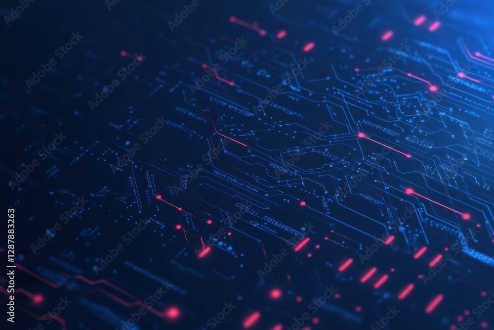 Poster abstract digital circuit board with glowing red nodes and connections, technology background