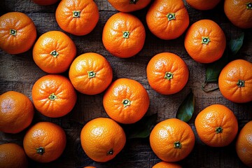 Juicy Mandarin Oranges on Rustic Wooden Background - Overhead Shot