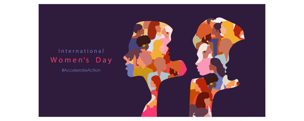 Happy Women's day. Woman silhouette head isolated. March 8, International Women's day card with women. Flat design. The power is in women.