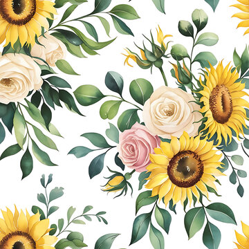 Elegant Watercolor Spring Flowers, Floral Botanical Illustration &ndash; Tulips, Daisies, reses and Greenery, Isolated on white backgrond