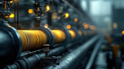 Naklejka premium Detailed Close-Up of Industrial Factory Pipeline with Vibrant Orange Lights and Modern Machinery in an Urban Setting