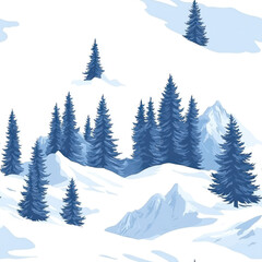 Fototapeta premium Snowy mountains & pine trees landscape illustration. White background, winter scene, seamless repeat pattern