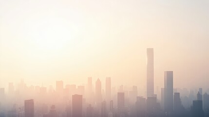 Fototapeta premium City skyline in fog during sunrise with soft light and shadows