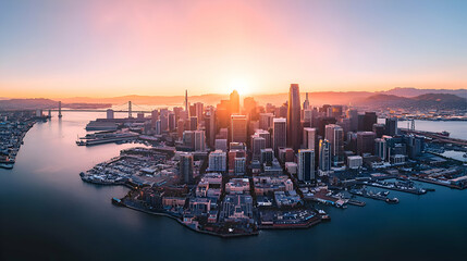 Fototapeta premium Aerial View of City Skyline at Sunrise