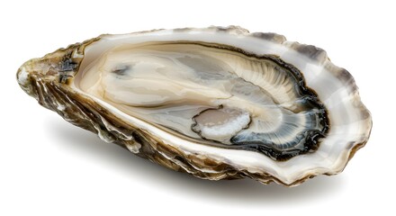Fresh Raw Oyster with Textured Shell and Pearly Interior on White Background
