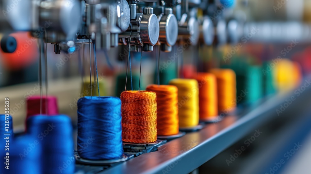 Poster close-up of colorful threads on industrial sewing machine in factory setting with blurred background