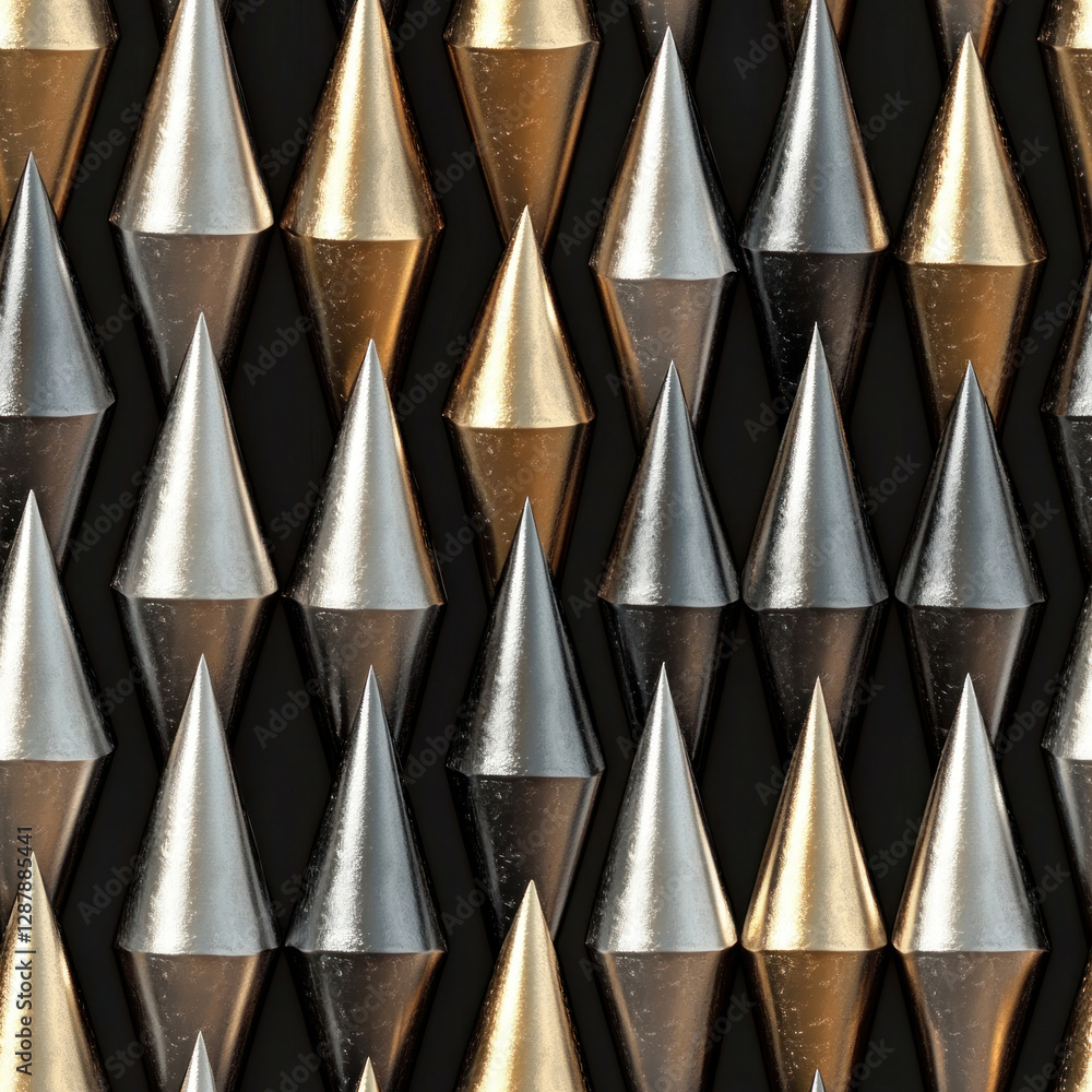 Poster spiked cones reflect light on black, creating repeating metallic pattern