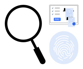 Magnifying glass, digital payment receipt on screen, and fingerprint are key elements. Ideal for security, payment verification, biometric authentication, fraud detection, digital transactions