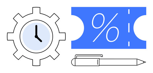 Gear with clock face, pen, and blue discount ticket with percentage sign. Ideal for productivity, time management, efficiency, planning, saving discounts office and business concepts. Abstract line