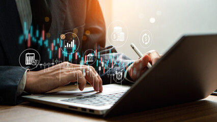 finance and investment concept, invest money, fundraising, ROI return on investment, Interest rate and dividend concept, Businessman is calculating income and return on investment in percentage.