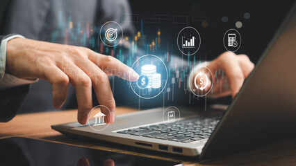 finance and investment concept, invest money, fundraising, ROI return on investment, Interest rate and dividend concept, Businessman is calculating income and return on investment in percentage.
