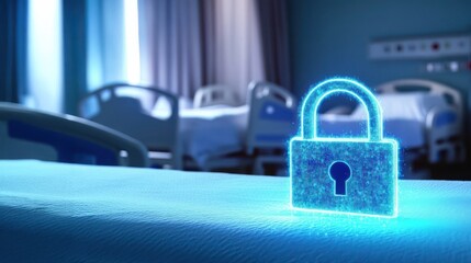 Fototapeta premium A glowing blue digital padlock sits on the edge of an empty hospital bed illustrating healthcare data security, medical data security, secure health data in modern hospitals