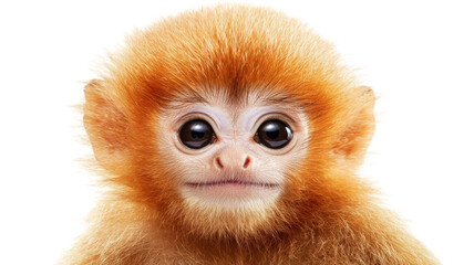 Fototapeta premium Cute young monkey with bright orange fur and large eyes gazing curiously at the viewer in a studio setting