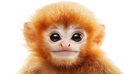 Cute young monkey with bright orange fur and large eyes gazing curiously at the viewer in a studio setting