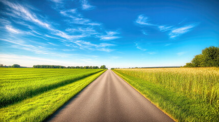 Fototapeta premium Wide road into distance, flanked by green fields and blue sky. High-definition, horizontal composition. Serene beauty.