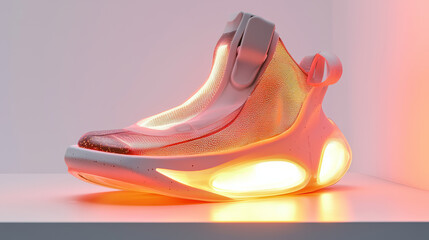 The shoe is pink and white with yellow lighting in the sole and upper.