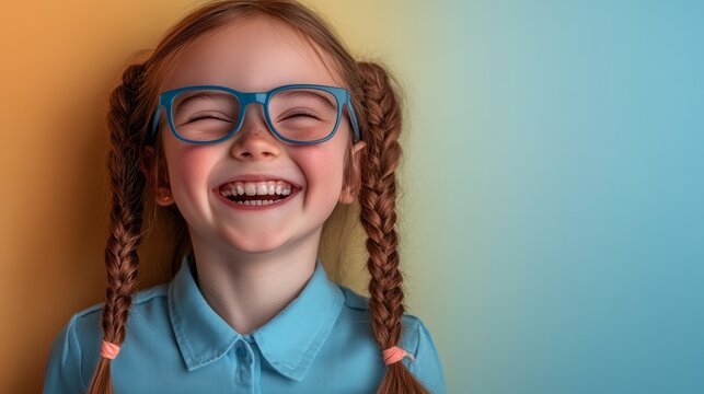 Young girl with blue glasses is smiling and laughing. She has her hair in pigtails and is wearing a blue shirt