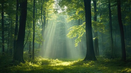 Fototapeta premium A beautiful evergreen forest with towering trees, soft beams of light filtering through, and lush green undergrowth.
