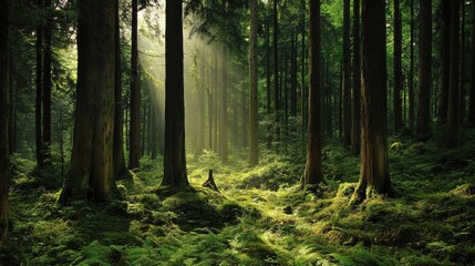 Fototapeta premium A beautiful evergreen forest with towering trees, soft beams of light filtering through, and lush green undergrowth.