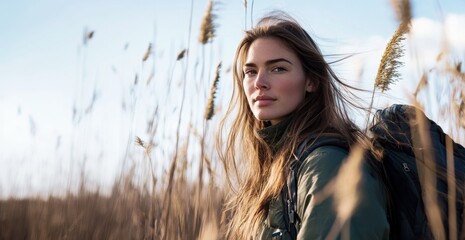 Woman exploring a field during golden hour near a serene landscape