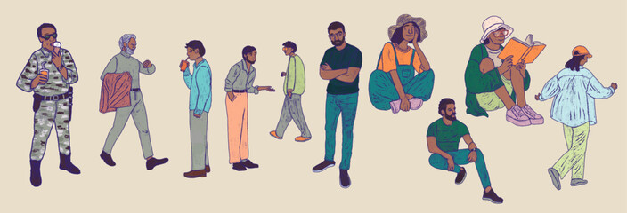 Set of people illustrations. Individual stickers of different ages and genders. Collection of lifestyle silhouettes of characters in retro style. Stickers isolated on transparent background