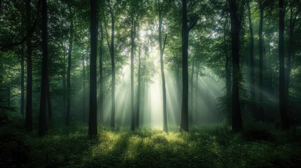 Obraz premium A beautiful woodland landscape with tall trees creating a natural canopy over the forest floor, bathed in soft light.