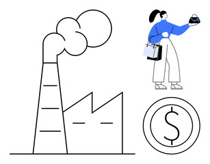 Factory with smoke stacks, woman holding shopping bags, and dollar coin. Ideal for business, industry, economy, consumerism, manufacturing commerce financial growth. Abstract line flat metaphor