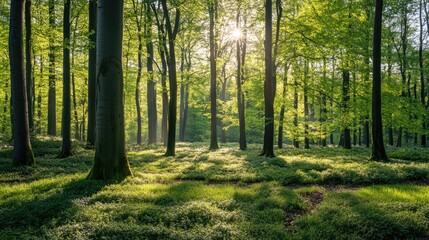 Fototapeta premium A bright woodland in the spring with fresh green leaves, and soft sunlight casting gentle shadows on the forest floor.
