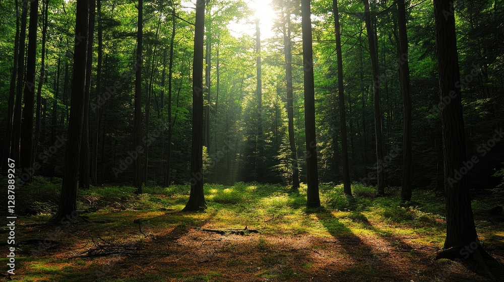 Poster a calm evergreen forest with sunlight filtering through the trees, casting soft shadows on the fores