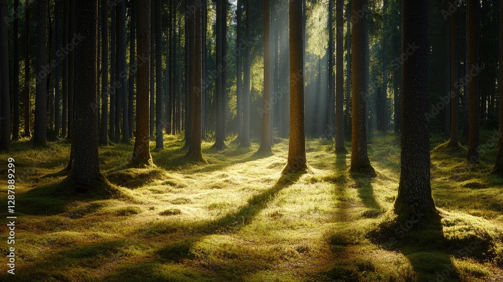 Aufkleber a calm evergreen forest with sunlight filtering through the trees, casting soft shadows on the fores