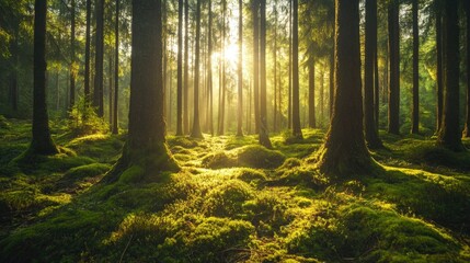 Obraz premium A calm and peaceful evergreen forest with sunlight streaming through the tree canopy, illuminating the forest floor.