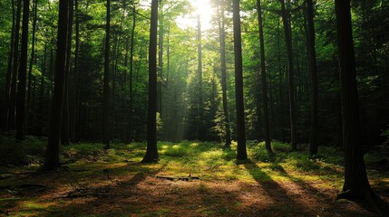 Obraz premium A calm evergreen forest with sunlight filtering through the trees, casting soft shadows on the forest floor.