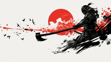 Samurai Warrior with Axe, Red Sun and Birds, Japanese Art Style