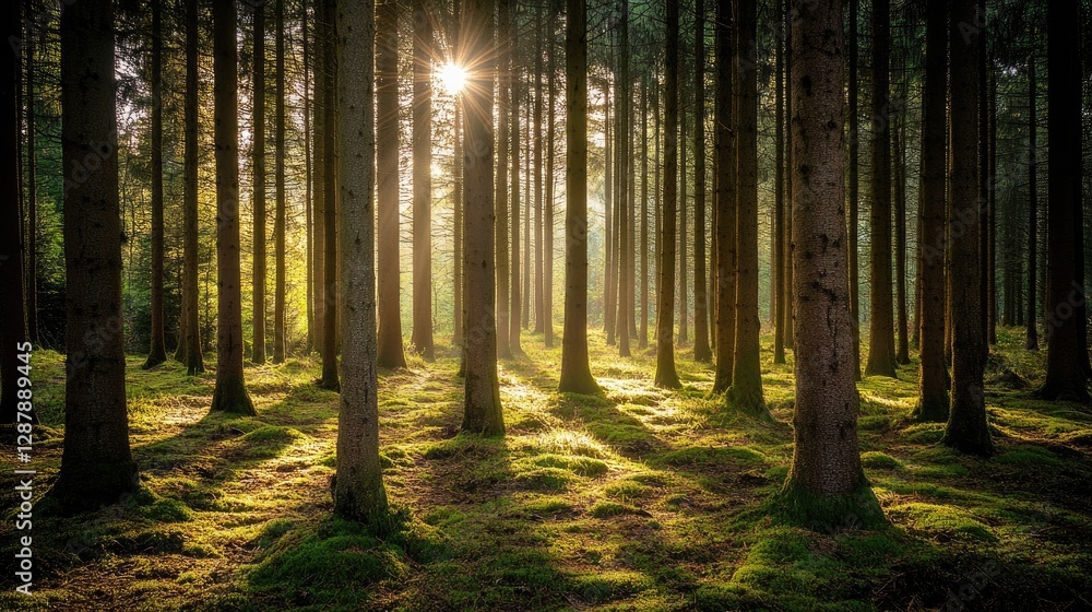 Poster a calm evergreen forest with sunlight filtering through the trees, casting soft shadows on the fores