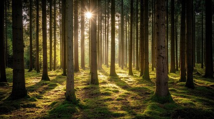 Obraz premium A calm evergreen forest with sunlight filtering through the trees, casting soft shadows on the forest floor.