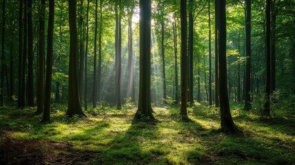 A calm and peaceful evergreen forest with sunlight streaming through the tree canopy, illuminating the forest floor.