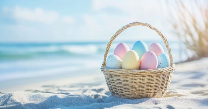 Colorful Easter eggs in a woven basket on a sandy beach