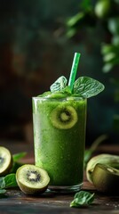 Fruit smoothie beverage wellness trend concept. A vibrant green smoothie garnished with mint and a kiwi slice, showcasing fresh ingredients and a refreshing look.
