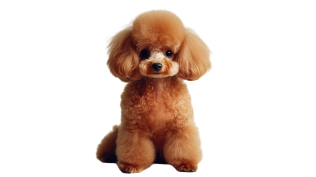 Cute brown poodle sitting calmly under studio light with fluffy coat and expressive eyes