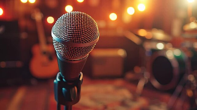 Golden microphone standing on dimly lit stage, vintage instruments surrounding empty club space, anticipating upcoming live music performance